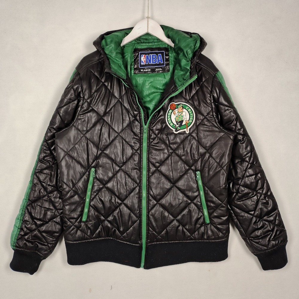 NBA Boston Celtics Quilted Puffer Jacket Hooded Black Green Mens XL RN121782